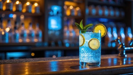 Aufkleber - Refreshing Gin and Tonic Cocktail with Lemon and Mint on a Bar Counter in a Stylish Ambient Setting