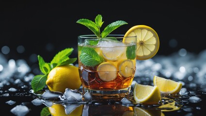 Aufkleber - Refreshing Iced Tea with Lemon and Mint Garnish on Black Background with Ice and Space for Text or Branding