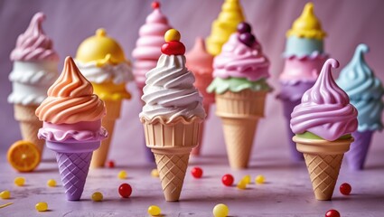 Poster - Colorful Plastic Ice Cream Cones Displayed on a Soft Background with Copy Space for Creative Promotions and Fun Designs