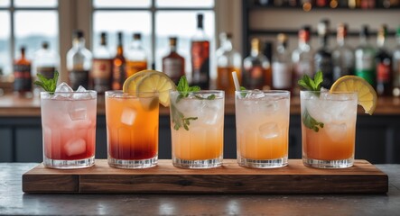 Aufkleber - Assorted Colorful Cocktails on a Wooden Bar with Ice Garnished with Fresh Fruits and Mint in a Cozy Bartending Environment