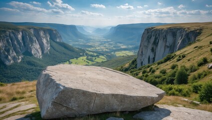 Poster - Majestic Stone Formations Overlooking Lush Valley Landscape with Expansive Skies and Copy Space for Text Integration