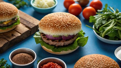 Poster - Fresh Ingredients for Delicious Hamburgers on Vibrant Blue Background with Burger Buns, Vegetables, and Condiments in Close Up Setting