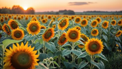 Poster - Vibrant Sunflower Field Under Warm Sunset Sky with Yellow and Orange Blossoms Capturing Nature's Beauty and Serenity