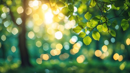 Poster - Bokeh background of green leaves illuminated by sunlight creating an ethereal forest atmosphere for creative design and inspiration.