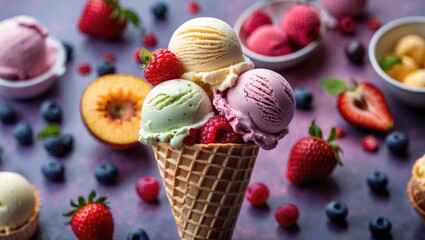 Aufkleber - Delicious assorted fruit ice cream in a waffle cone surrounded by fresh berries and colorful fruit on a vibrant background.