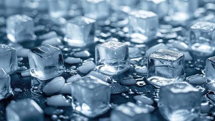 Aufkleber - Close up of glistening ice cubes on a reflective surface with droplets showcasing freshness and cooling effect in a blue-tinted ambiance