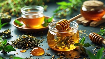 Poster - Herbal Tea and Honey Composition with Fresh Ingredients and Empty Space for Custom Text in a Natural Setting