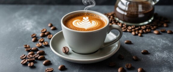 Poster - Americano coffee served in a light gray ceramic cup on a white saucer surrounded by coffee beans and a pot in the background