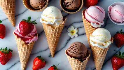 Poster - Assorted Ice Cream Cones Featuring Strawberry, Chocolate, and Vanilla on a Marble Surface with Fresh Strawberries and a Flower.