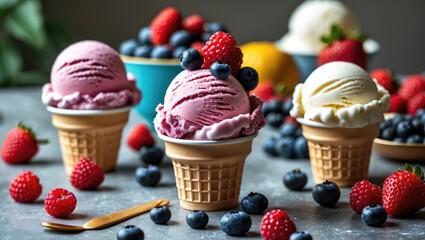 Poster - Colorful Ice Cream Cups with Fresh Berries on a Table and Empty Space for Text in a Bright, Delicious Summer Setting