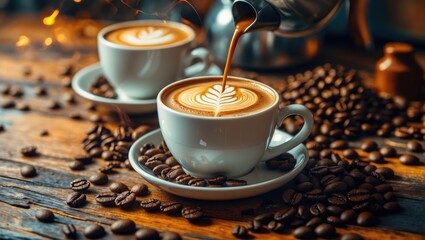 Poster - Artisan cappuccino served in elegant cups surrounded by coffee beans on rustic wooden table creating a cozy cafe ambiance.