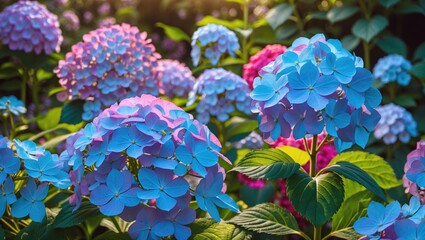 Poster - Vibrant Hydrangea Blossoms in Lush Garden Setting Surrounded by Colorful Floral Display and Sunlight.