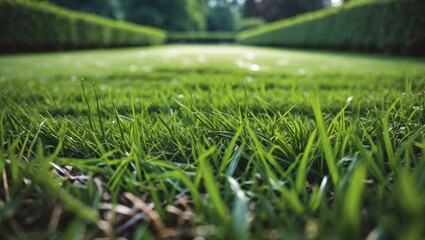 Poster - Ground level view of freshly cut grass in a well-maintained garden with blurred trees and hedgerow in the background, showcasing outdoor tranquility.