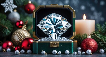 Aufkleber - Festive holiday decor featuring a large diamond in a case surrounded by ornaments and a candle creating a warm seasonal atmosphere