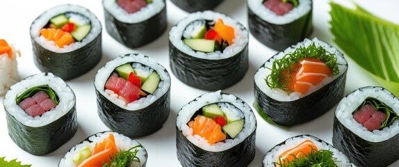 Aufkleber - Vibrant Assortment of Japanese Sushi Rolls on a White Background Perfect for Food Promotion and Culinary Advertising Use
