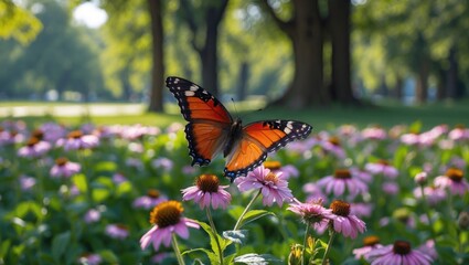 Aufkleber - Butterfly perched on vibrant flowers in a sunlit park showcasing nature's beauty and tranquility in a picturesque outdoor setting.