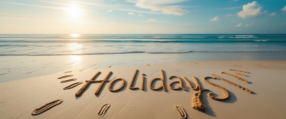 Aufkleber - Holidays Message Drawn in Sand on Tranquil Beach with Gentle Waves and Warm Sunlight for Relaxation and Escape Themes