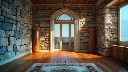 Poster - Elegant interior design featuring natural stone walls, wooden floors, and large windows creating a warm and inviting atmosphere.