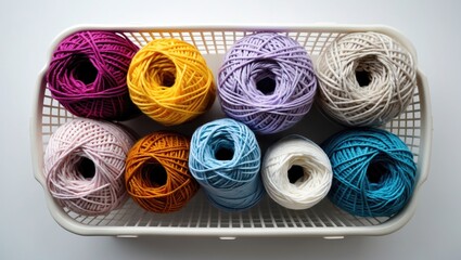 Aufkleber - Colorful knitting yarn balls arranged in a plastic basket on a white background showcasing textile hobby essentials and organization.