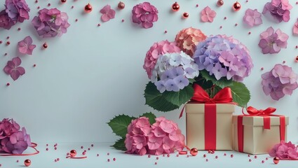 Poster - Vibrant Hydrangeas and Gift Boxes on a Light Background with Decorative Elements and Copy Space for Holiday or Special Occasion Themes