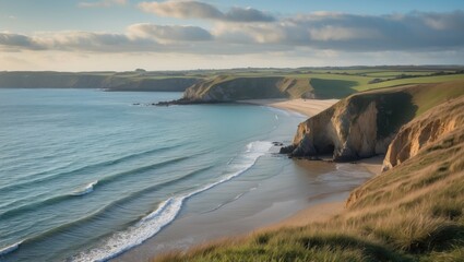 Aufkleber - Scenic coastal landscape at Holywell Bay featuring cliffs and waves with expansive empty space for text placement