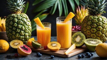 Aufkleber - Tropical Fruit Juices in Glasses Surrounded by Fresh Fruits with Space for Text on Dark Background