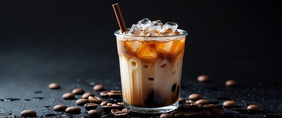 Aufkleber - Iced coffee in a glass with ice cubes on a dark background showcasing coffee beans and ample space for text or branding.