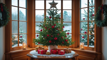 Poster - Cozy winter interior with a decorated Christmas tree and gifts on a table by the window creating a festive holiday atmosphere