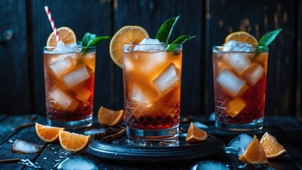 Aufkleber - Refreshing Iced Tea Cocktail with Citrus Garnish on a Rustic Wooden Table