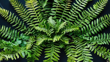 Poster - Vibrant green ferns with diverse leaf shapes arranged in a visually appealing display on a dark background.