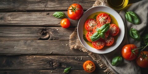 Poster - Italian Cuisine Composition Featuring Fresh Tomatoes, Basil, and Olive Oil on Rustic Wooden Background with Space for Text