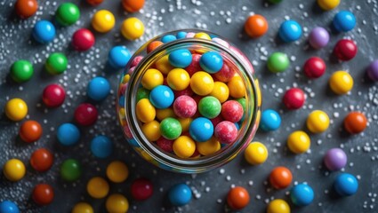 Aufkleber - Glass jar filled with colorful candies surrounded by scattered sweets on textured surface top view vibrant backdrop for design and decoration