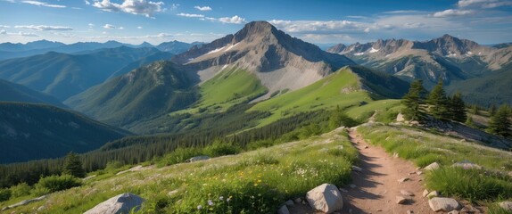 Leinwandbilder - Hiking Trail Summit View of Lush Green Mountains in the Northern Rocky Mountains Under a Clear Blue Sky During Summer Season