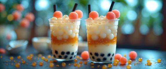 Poster - Delicious homemade bubble tea with tapioca pearls and fruit toppings displayed on a blurred background for a refreshing beverage experience.