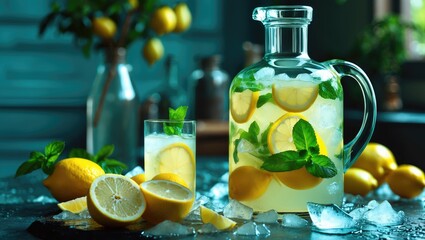 Aufkleber - Refreshing Homemade Lemonade with Lemon Slices and Mint in Decanter Surrounded by Fresh Lemons and Ice Cubes in Cozy Setting