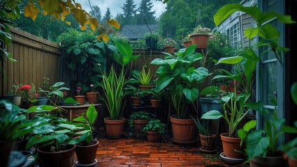 Poster - Lush Houseplants Flourishing in a Rainy Backyard with Abundant Greenery and Empty Space for Text Overlay