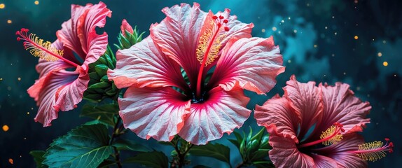 Poster - Vibrant hibiscus flowers blooming in a lush green landscape with soft lighting and a dreamy background atmosphere.