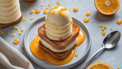 Poster - Vanilla Honey Toast Ice Cream with Orange Sauce and Garnish on a Plate with Empty Space for Text