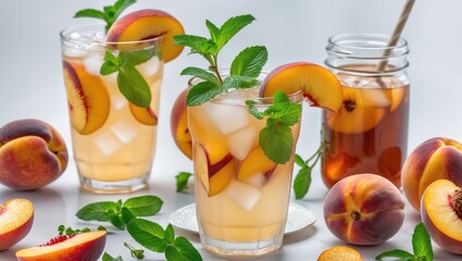 Aufkleber - Refreshing Summer Peach Iced Tea With Lemonade Mint And Fresh Peaches In Glasses Surrounded By Ingredients On Light Background