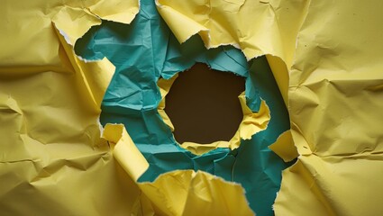 Poster - Torn yellow paper with blue accents showcasing a hole, symbolizing opportunities in business strategy with ample copy space for text.