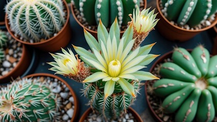 Sticker - Lophophora Jourdaniana Cactus Blooming Flower View Over Various Potted Cacti in a Farmhouse Setting