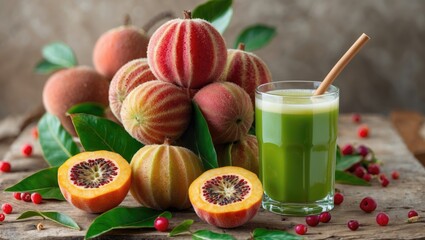 Poster - Karanda Fruit Display with Fresh Juice Surrounded by Green Leaves and Sliced Halves on Wooden Surface