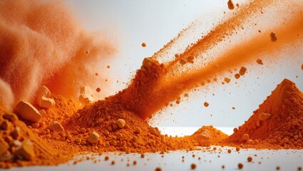 Wall Mural - Vibrant orange powder explosion creating dynamic shapes against a clean white background symbolizing energy and creativity.