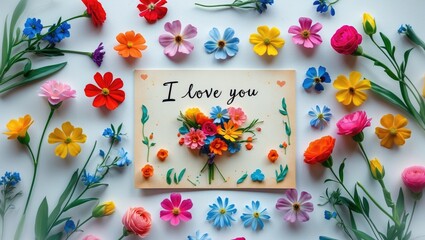Poster - Handwritten I love you message card surrounded by vibrant flowers in a flat lay arrangement on a white background