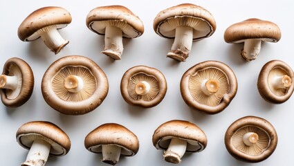 Poster - Freshly picked oyster mushrooms arranged artistically on a clean white background showcasing their unique textures and natural colors.