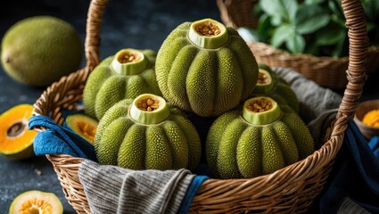 Aufkleber - Fresh jackfruit displayed in a woven basket with decorative cloth and scattered slices on a rustic wooden surface