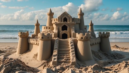 Poster - Detailed Sandcastle Structure On Beach At Sunset With Ocean Waves In Background