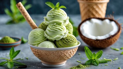 Aufkleber - Green Tea Matcha Mint Ice Cream in a Waffle Cone Bowl with Fresh Mint and Coconut Milk on a Rustic Background with Copy Space.
