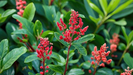Poster - Vibrant red flowering plant Homalomena rubescens against lush green foliage in a tropical garden setting
