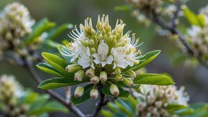 Poster - Blooming Inflorescence of a Shrub Surrounded by Green Leaves Showcasing Delicate White Flowers and Buds in Natural Habitat